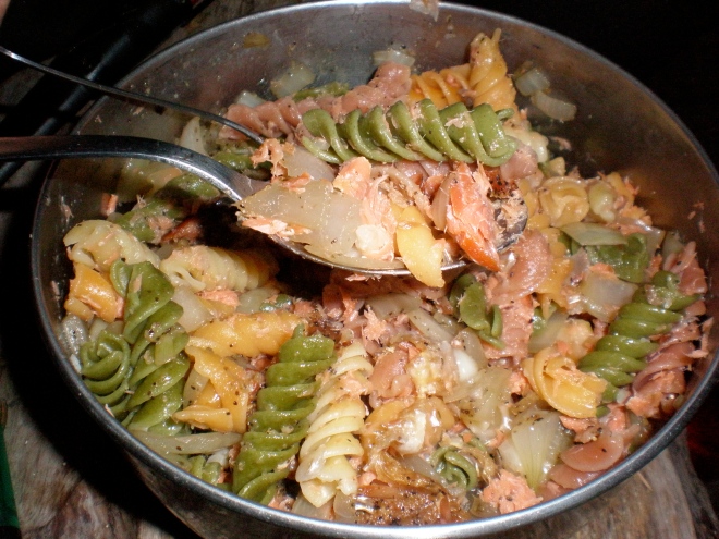 Gourmet backpacker food-pasta, sauteed onions, goat cheese and smoked salmon!